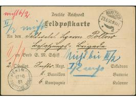 1901, Feldpostkarte-Vordruckkarte aus “RAWITSCH 28.8.01” an einen Feldwebel in China mit Ankunftsstempel “PEKING DP 17.10.01”