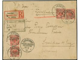 10 Pfg., 2 Einzelstücke und senkrechtes Paar, mit Stempel "ZANZIBAR 27/2 91" auf eingeschriebenem Briefkuvert an eine Porzell
