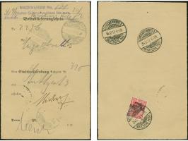 1905, 20 Pa. auf 10 Pfg. mit Wasserzeichen, mit Stempel “CONSTANTINOPEL DP 24.12.12” rückseitig auf Postablieferungsschein fü