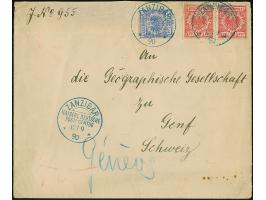 10 Pfg., 2 Einzelstücke, und 20 Pfg., mit blauem "ZANZIBAR 12/9 90" auf dreiseitig geöffnetem Briefkuvert an die geographisch