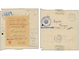 1915, “Korogwe” violetter L1 auf Posteinlieferungsschein für eine Postanweisung, innen verklebt auf einen Reichsdienstsachen-