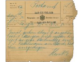 1903, Telegramm-Formular mit schwarzem L1 “DAR-ES-SALAAM” und Eingangsstempel vom 11.11.1903 für ein Telegramm aus Tanga mit 