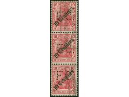 “SMYRNA DEUTSCHE POST 13.OKT.1913”, sogen. Rosinenstempel ohne Sterne, zwei Teil-Abschläge auf senkrechtem Dreierstreifen Aus