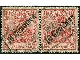 “SMYRNA DEUTSCHE POST ** 6.OKT.1910” sogen. Rosinenstempel klar und fast kpl. auf waagerechtem Paar Ausgabe 1908 10 C. auf 10