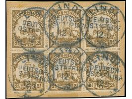 1906, Kaiseryacht 3 Pfg. im waagerechten 6er-Block mit sechs klaren Stempel-Abschlägen “LINDI DOA 12.1.15" auf Briefstück. Da