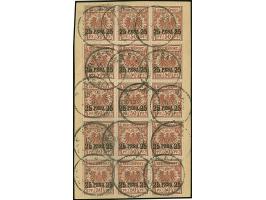 1893/96, 25 P. auf 50 Pfg. lebhaftrötlichbraun, Audruck 16,8 mm breit, im senkrechten 15er-Block jeweils mit &nbsp;EKr. “DAR-