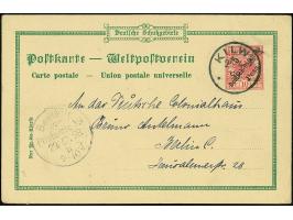 1898, Karte 3 P. auf 10 Pfg. “Gruss aus Bagamoyo” mit Stempel “KIlOSSA”, 5 P. auf 10 Pfg. “Gruss aus Dar-es-Salam” mit Stempe