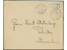 1916, Privat-Umschlag Daressalam mit schwarzem Dienstsiegel und blauem L2 “Frankiert mti 7½ H.” gebraucht mit Stempel “DARESS