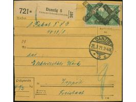 1920, 1,25 Mark opalgrün, sauber mit Korkstempel auf Paketkarte von “Danzig 5 Siemens-Schuckertwerke” mit nebengesetztem Stem