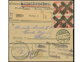 1920, 1 Mark rot, senkrechtes Paar, sowie rückseitig Germania 20 und 30 Pfennig, sauber mit Korkstempel bzw. Stempel “DANZIG 