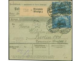 1920, 2 Mark blau, zwei Einzelwerte als Paar geklebt, sauber mit Stempel “NEUTEICH 18.10.20” auf Paketkarte nach Berlin, unau