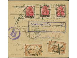 1920, 1,50 Mark braun, zwei Einzelwerte, sowie 4 Mark, vier Einzelwerte, vorder- und rückseitig mit Korkstempel auf Wertpaket