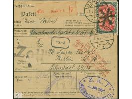 1920, 5 Mark grünschwarz/lilarot sowie Germania mit Netzunterdruck 1 Mark auf 30 Pfennig, senkrechtes Paar, vorder- und rücks