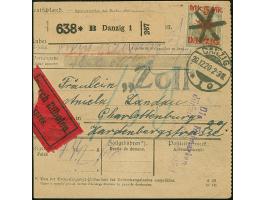 1920, 5 Mark auf 2 Pfennig, Spitzen nach oben, sauber mit Stempel “DANZIG 20.12.20” bzw. Korkstempel auf Eil-Wertpaketkarte n