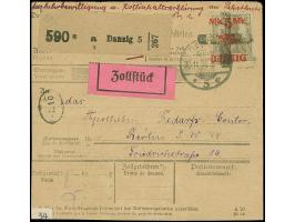 1920, 5 Mark auf 2 Pfennig, Spitzen nach oben sowie Kogge 3 Mark, vorder- und rückseitig mit Stempel “DANZIG 30.11.21” bzw. K