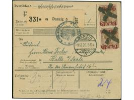 1920, 1¼ Mark auf 3 Pfennig, Spitzen nach unten, senkrechtes Paar, sauber mit Korkstempel auf Paketkarte mit nebengesetztem S