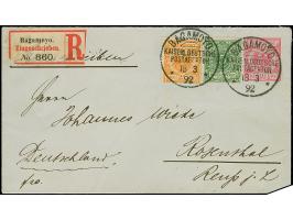 25 Pfg. gelborange mit 5 Pfg., als Zufrankatur auf Ganzsachenumschlag 10 Pfg., als R-Brief vom "BAGAMOYO KDPA 18 3 92" nach R