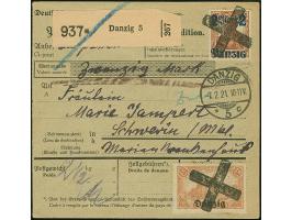 1920, 2 Mark auf 35 Pfennig, Spitzen nach oben, mit Zufrankatur mit Korkstempel auf Paketkarte mit nebengesetztem Aufgabestem