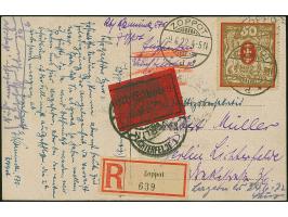 1922, Großes Staatswappen 50 Mark rot/gold, liegendes Wasserzeichen, sauber mit Stempel “ZOPPOT -9.6.22” auf Eil-R-Postkarte 