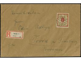 1922, Großes Staatswappen 50 Mark lilarot/gold, stehendes Wasserzeichen, sauber mit Stempel “DANZIG 18.10.22" auf R-Brief nac