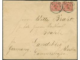 10 Pfg. lebhaftlilarot im senkrechten Paar, mit jeweils sauber aufgesetztem "KILWA 2/6 93" auf Bedarfsbrief nach Landsberg/Wa