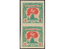 1920, Second Anniversary of Independence 5 auksinas green/red, imperforated vertical pair, upper stamp with "double 5 in red 
