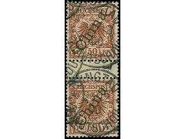 1900, Krone/Adler 50 Pfg. lebhaftrötlichbraun, Zwischenstegpaar, sauber mit Stempel “TSINGTAU KIAUTSCHOU ** 24 12 00”, untere