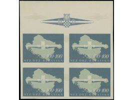 1945, Storm Division 50-100 k., progressive proof with background only, blocks of four, 50 k. and 100 k. with sheet margin on