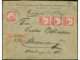 "BISMARCKBURG DOA 1.11.11" mehrfach sauber auf 4 Einzelwert und 3er-Streifen Kaiseryacht 7½ H. auf Bedarfs-R-Brief der Pflanz