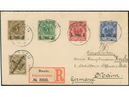 "MARANGU 24/4 99" sauber auf 1893, 2 - 10 P. und 1896, 2 P., auf kleinem R-Brief mit Aushilfs-R-Zettel von Moschi, an Huch, M