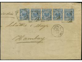 20 Pfg. im waagerechten 5er-Streifen, mit britischem Rechteck-Stempel "ZANZIBAR AP 16 93" auf nicht ganz komplettem Briefkuve