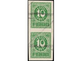 1919, Numerals 10 penni green, proofs in green on thick paper, vertical pair, cancelled with crayon, no gum as issued, fine, 