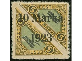 1923, Airmail 10 mark, Päevaleht perforation, with prominent plate flaw “missing green colour below Post”, a very rare stamp 