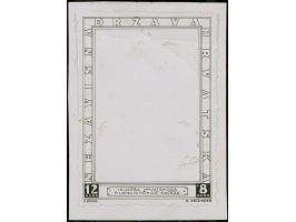 1943, 3rd Stamp Exhibition, photographic proof of the frame in black with changed value 12+8 k. and with perforation drawn in