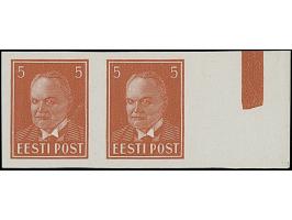 1936, Päts 5 Senti, imperforated proofs, horizontal pairs in blue, violet and brown, mint never hinged, 5 Senti brown one sta