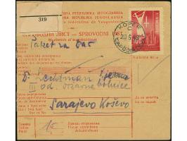 1949, Labour Day 100 l. “1 MAGGIO 1948 NEL TLT” tied by cds. “KOPER CAPODISTRIA 20.5.48” to parcel card to Sarajevo, vertical