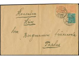 1918, Flower issue 15 kopeks greenish-blue, perforated L 11½ on all sides, together with horizontal pair 5 kopeks, tied by cd