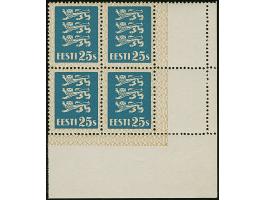 1935, Coat of arms 25 senti, block of four from the lower right sheet corner, with two stamp-sized and fully perforated blank