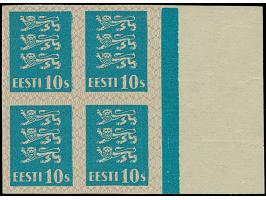 1928, Coat of Arms 10 senti, turqoise-blue, imperforated block of four with burelage and horizontal strip of three with upper