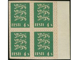 1928, Coat of Arms 4 senti green, imperforated block of four with burelage with right sheet margin, mint never hinged, very f