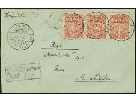 1923, Coat of arms 10 senti, Error of colour, dull pink, horizontal strip of three tied by cds. "ZEHSIS 22 4 27" to registere