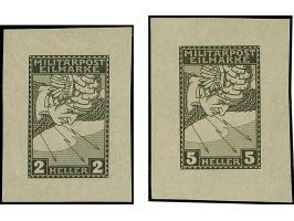 1916, Eilmarken für Drucksachen 2 und 5 H. schwarz, ungezähnte Probedrucke im kleineren Blockformat auf dünnem Papier ohne Gu