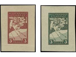 1916, Eilmarken für Drucksachen 3 H. dunkelrot bzw. dungelgrün, ungezähnte Bogenproben, je im kleineren Blockformat auf dünne
