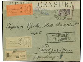 1909, Durazzo 4 pia. on 50 c. pale violet tied by cds. “DURAZZO 20.1.16” to registered cover with censor mark and labels to P