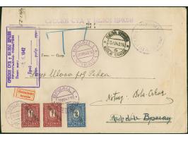 1941, 1 Din. im waagerechten Paar und Einzelmarke 2 Din. je mit violettem Stempel “VRSAC 1 28.VIII.42” auf unfrankierter Vord