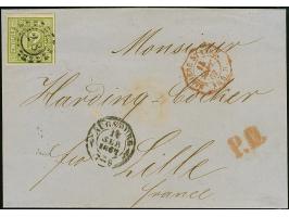 12 Kreuzer grün, voll- bis meist breitrandig mit oMR "28" und nebengesetztem DKr. "AUGSBURG 14 SEP. 1867" auf Briefhülle nach