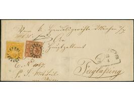 18 Kr. gelborange und 6 Kr. braun Type II, Platte 2, beide voll- bis breitrandig, teils mit Schnittlinien, mit gMR "25" und n