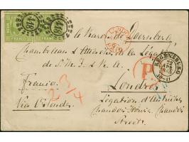 9 Kr. gelbgrün im waagerechten Paar der, farbfrisch und voll- bis breitrandig, oben mit schmalem Bogenrand, mit klarem oMR "4