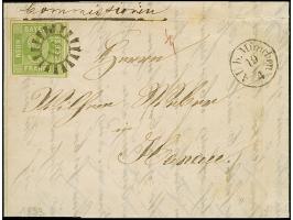 9 Kr. maigrün, farbfrisch und voll- bis meist breitrandig, mit klar aufgesetztem gMR "16" und nebengesetztem Fingerhutstempel