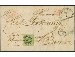 9 Kr. bläulichgrün, schöne frische und kräftige Farbe, allseits gleichmäßig breitrandig, mit Schnittlinien an 2 Seiten, mit k